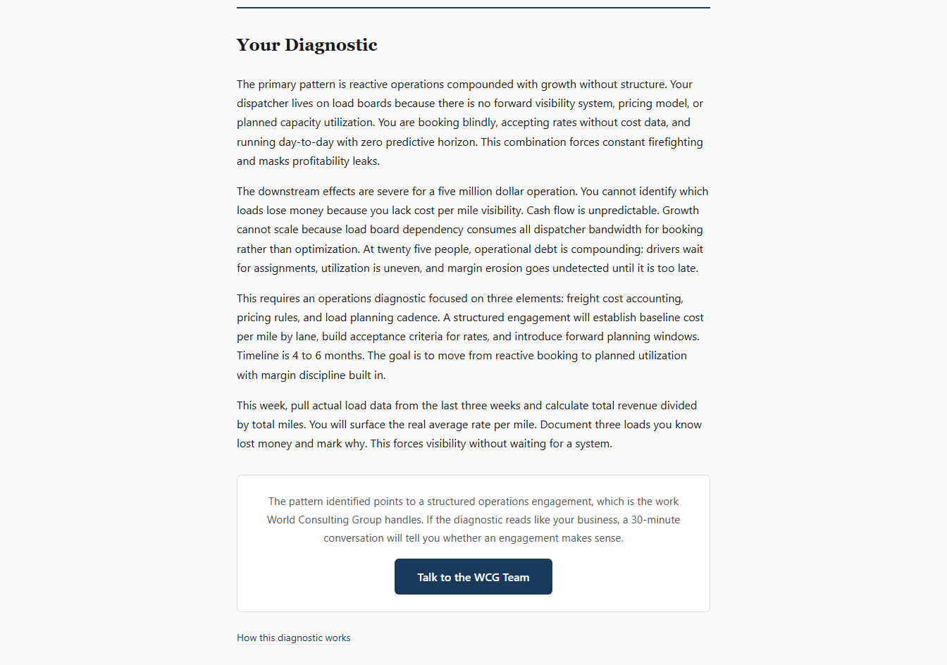 Diagnostic result returned by the free business diagnostic tool