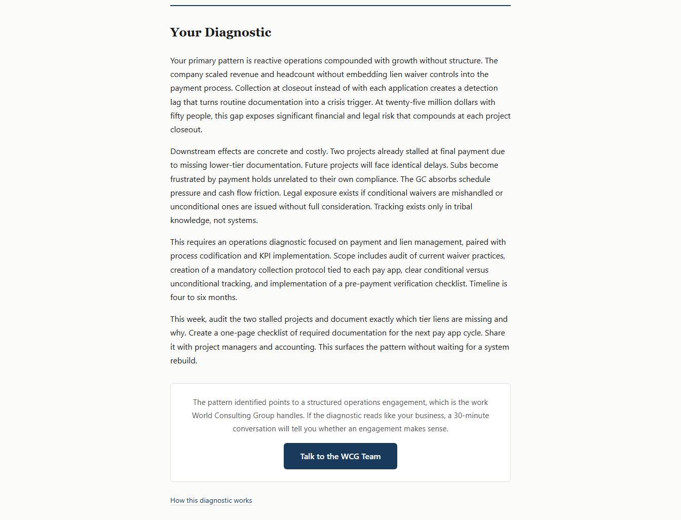 Diagnostic result returned by the free business diagnostic tool