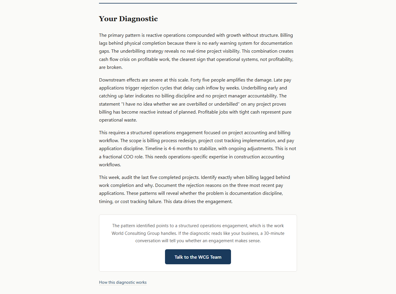 Diagnostic result returned by the free business diagnostic tool