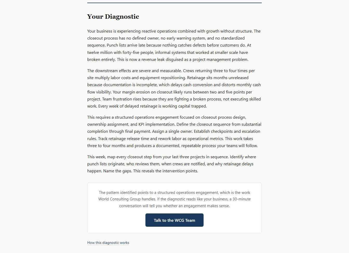 Diagnostic result returned by the free business diagnostic tool