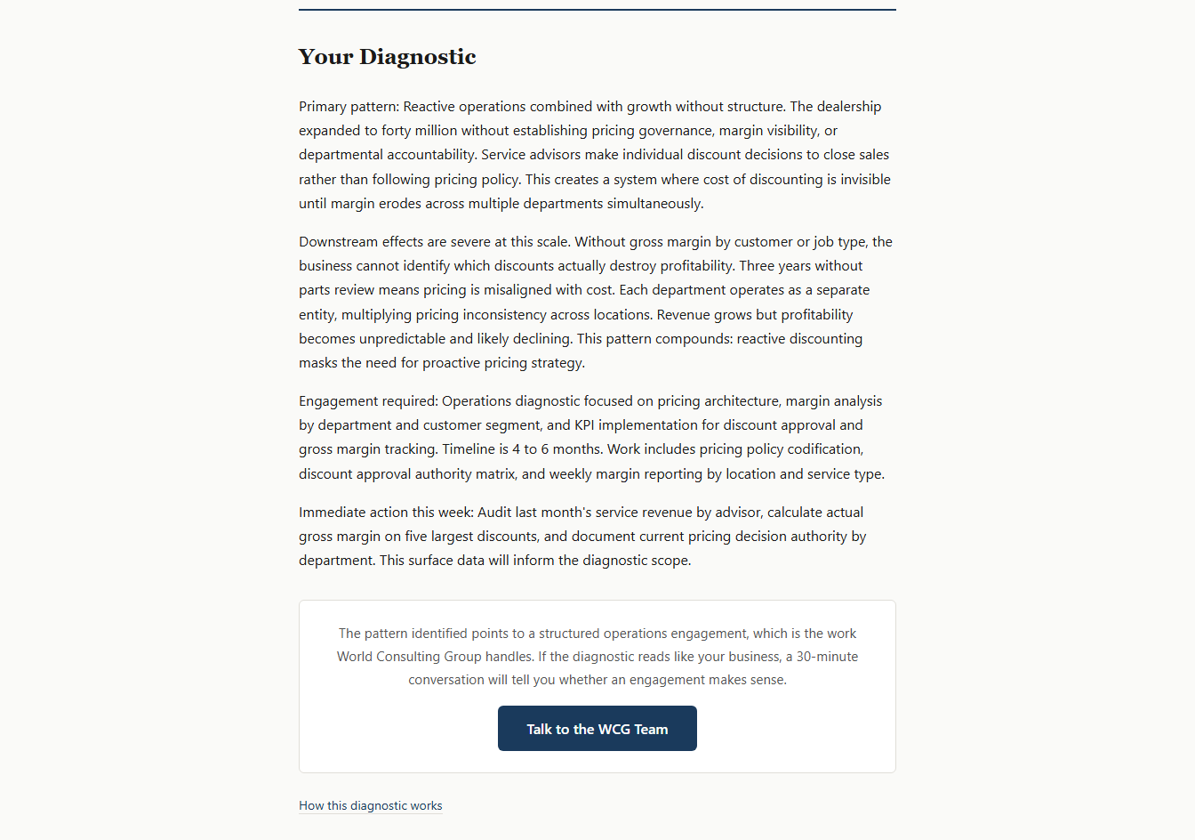 Diagnostic result returned by the free business diagnostic tool