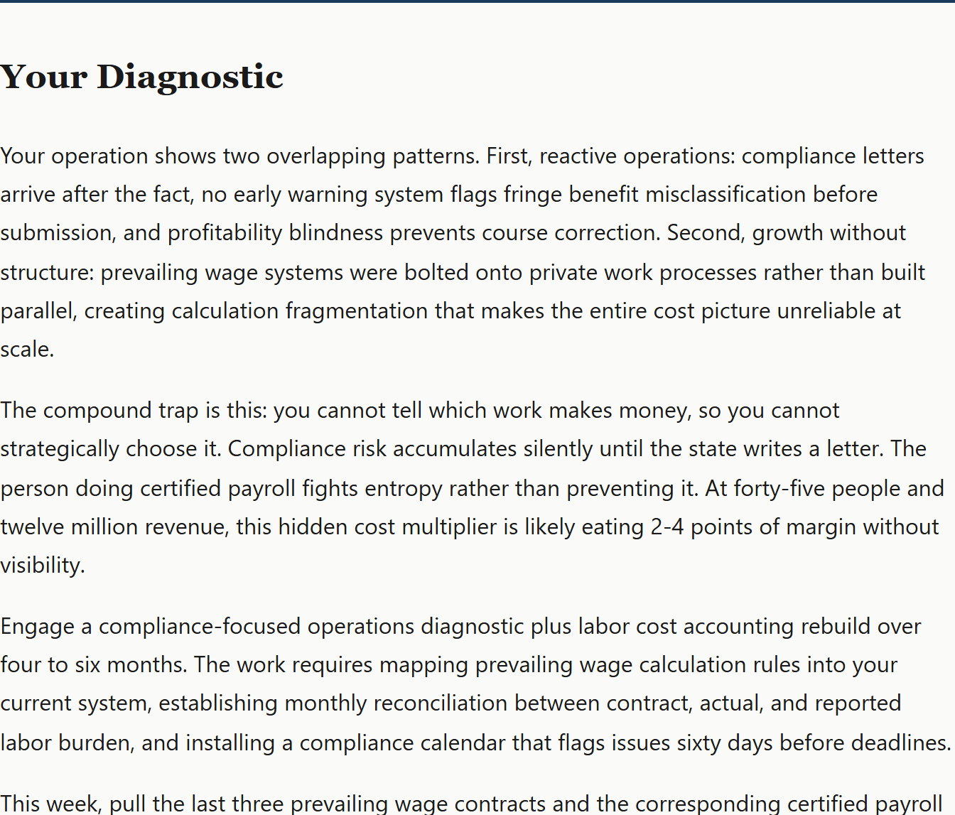 Diagnostic result returned by the free business diagnostic tool