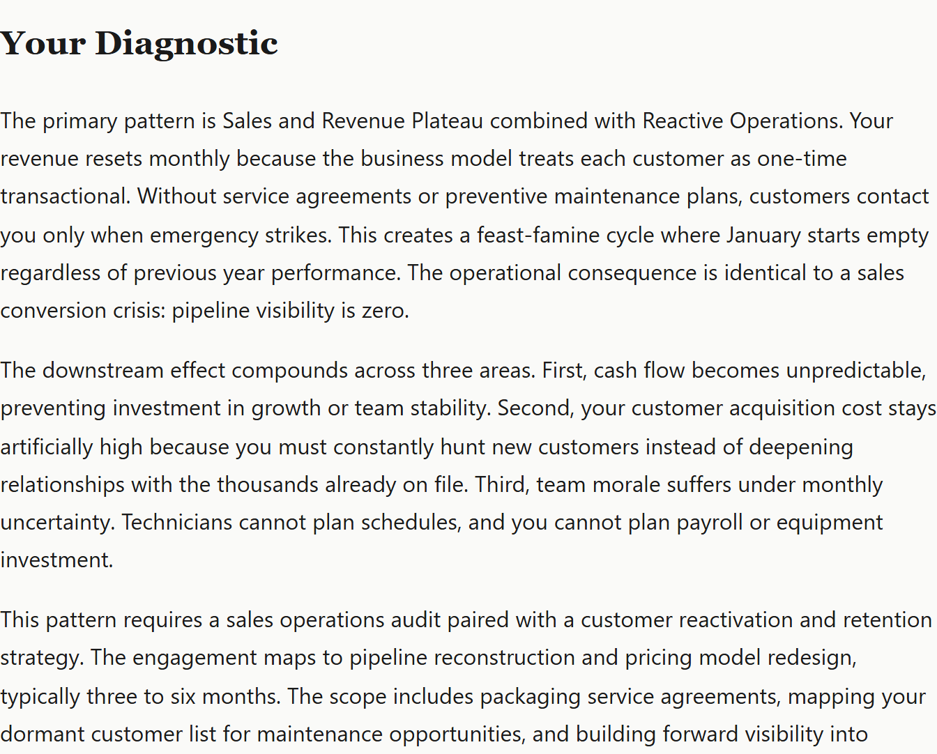 Diagnostic result returned by the free business diagnostic tool