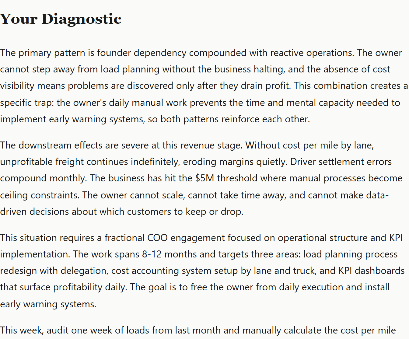 Diagnostic result returned by the free business diagnostic tool