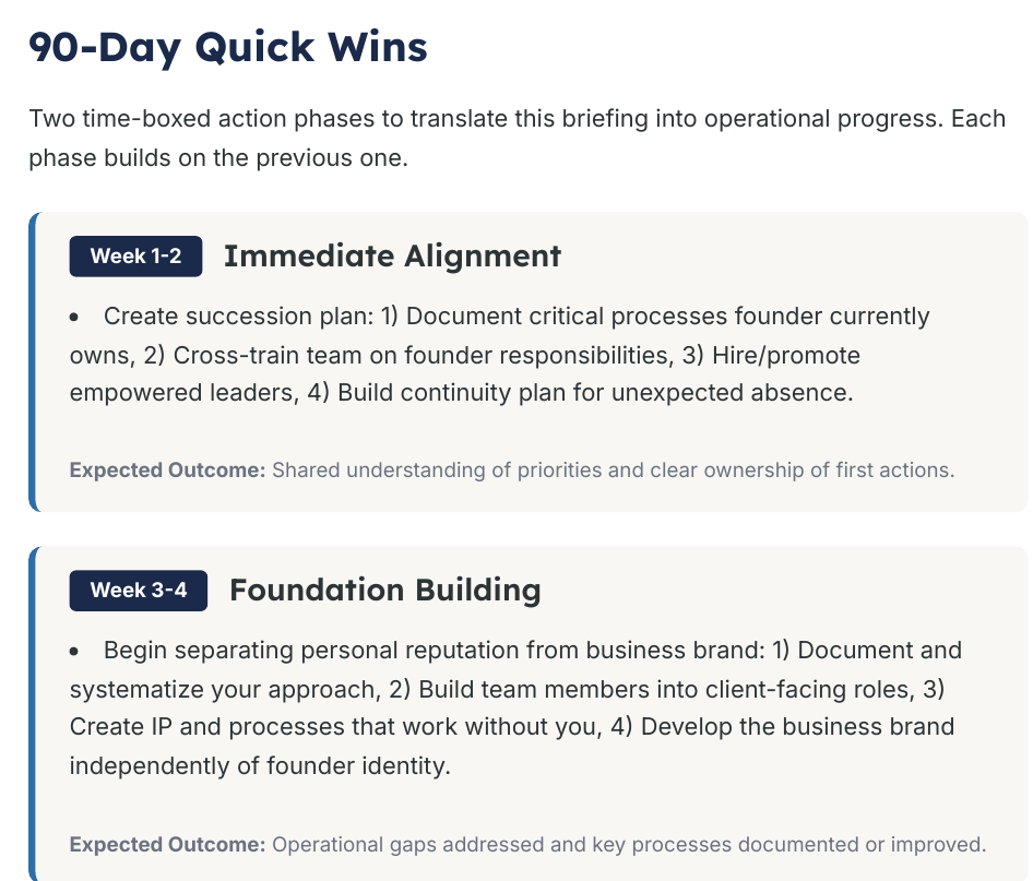 90-Day Quick Wins page from the generated assessment briefing