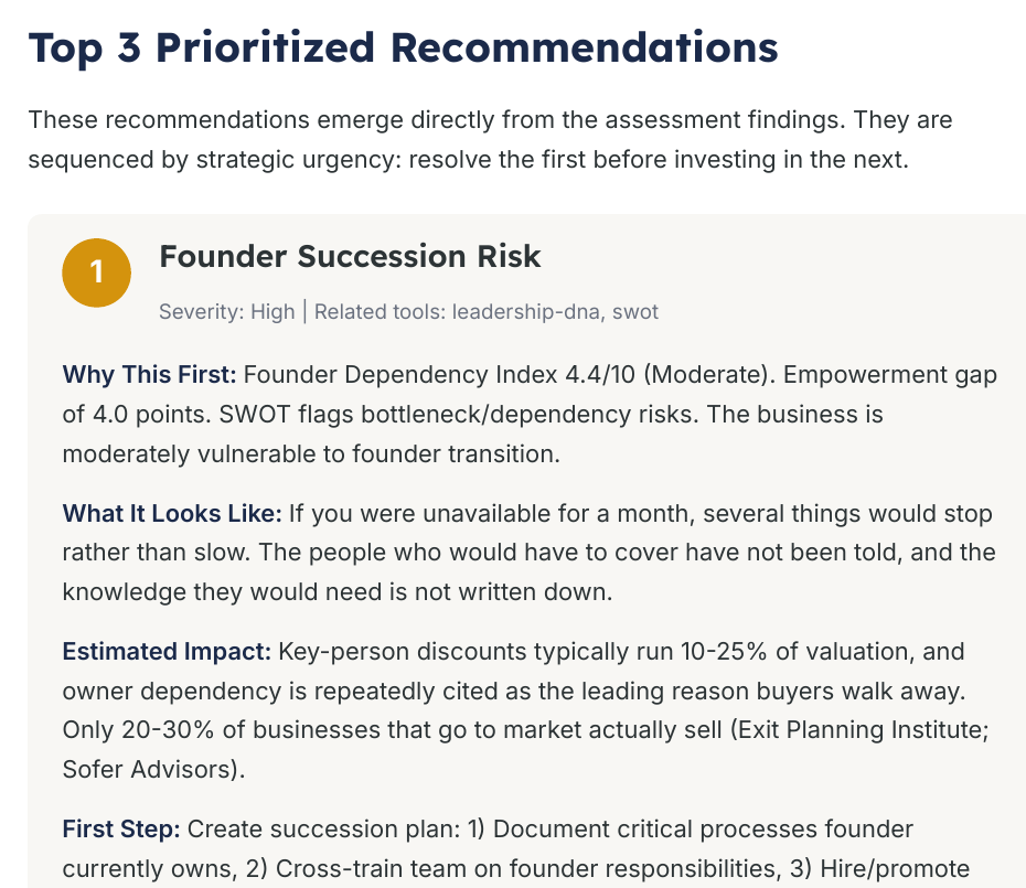 Top 3 Prioritized Recommendations page from the generated assessment briefing