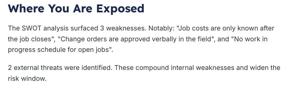 Where You Are Exposed page from the generated assessment briefing
