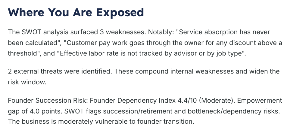 Where You Are Exposed page from the generated assessment briefing