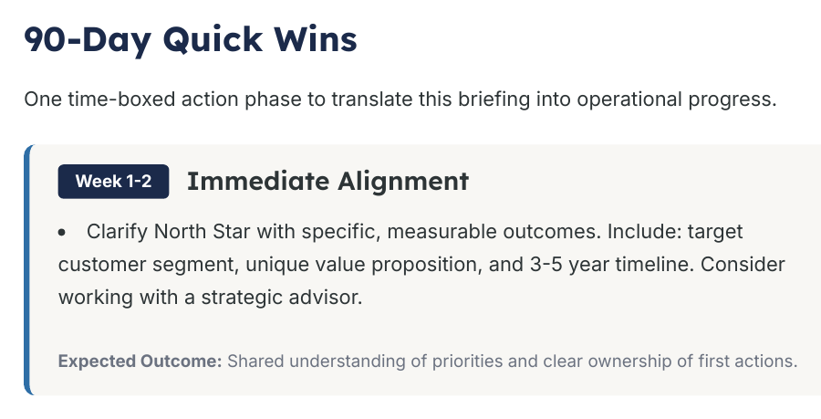 90-Day Quick Wins page from the generated assessment briefing