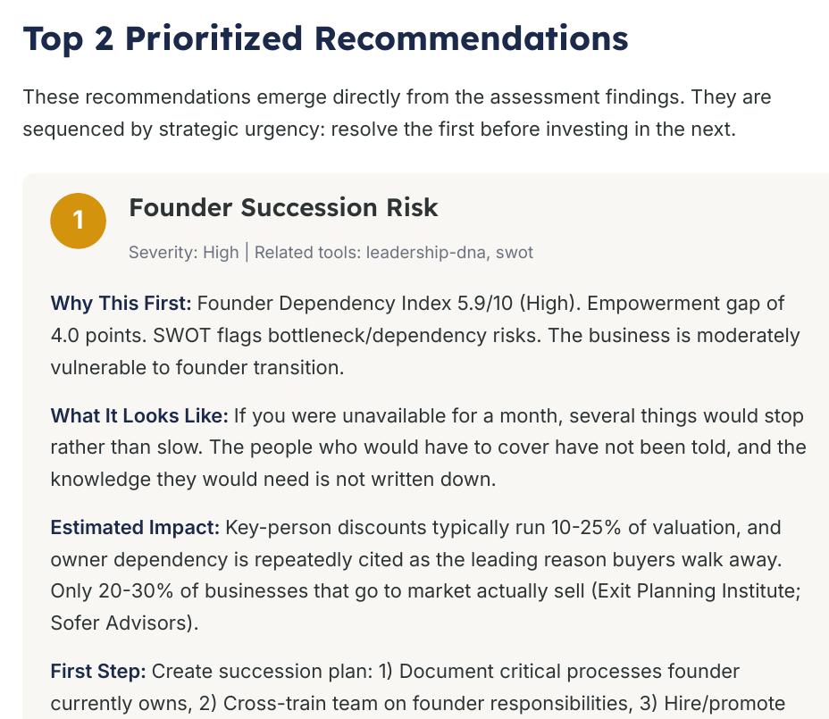 Prioritized Recommendations page from the generated assessment briefing