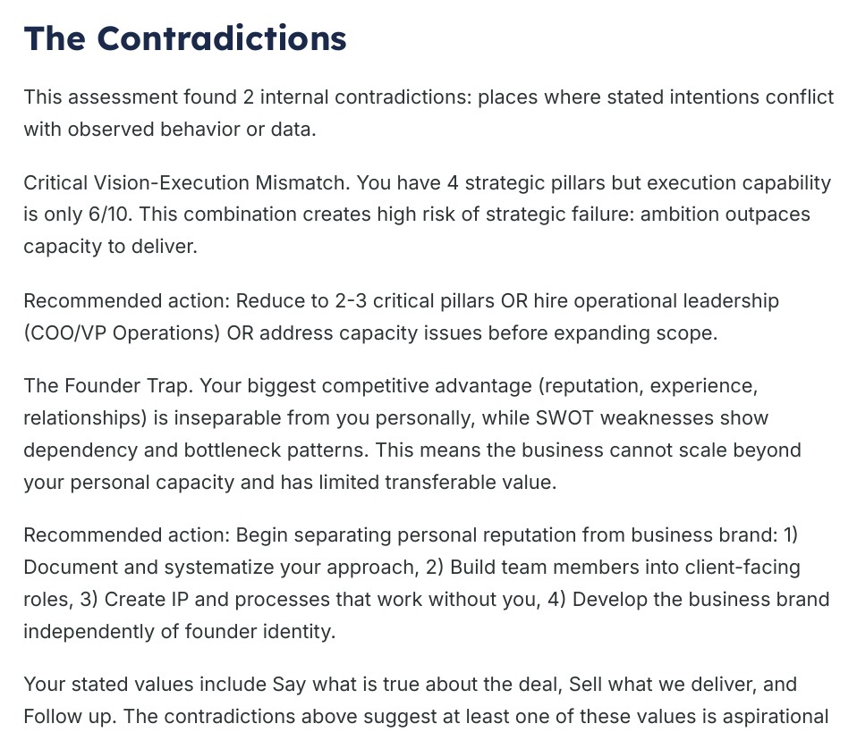 The Contradictions page from the generated assessment briefing