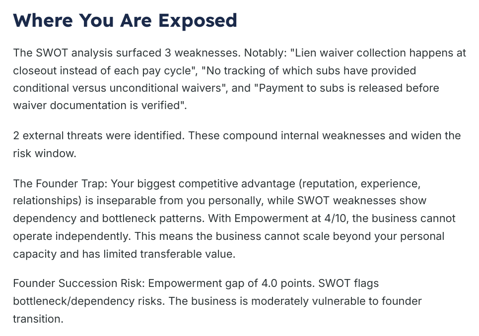 Where You Are Exposed page from the generated assessment briefing