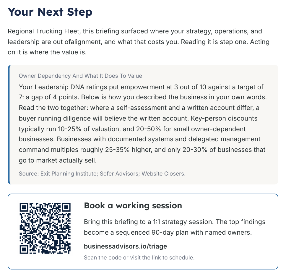 Your Next Step page from the generated assessment briefing