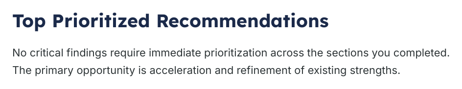 Prioritized Recommendations page from the generated assessment briefing