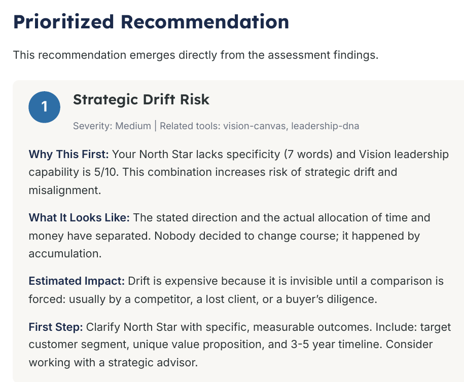 Prioritized Recommendation page from the generated assessment briefing
