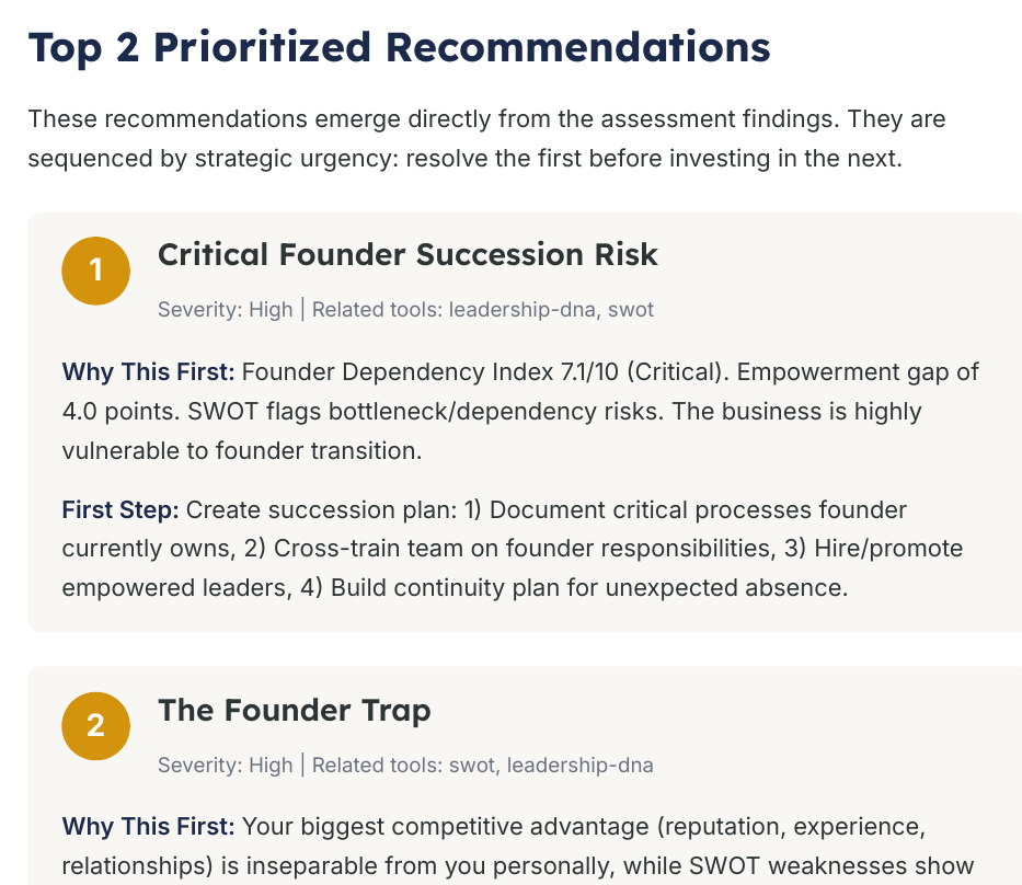 Prioritized Recommendations page from the generated assessment briefing